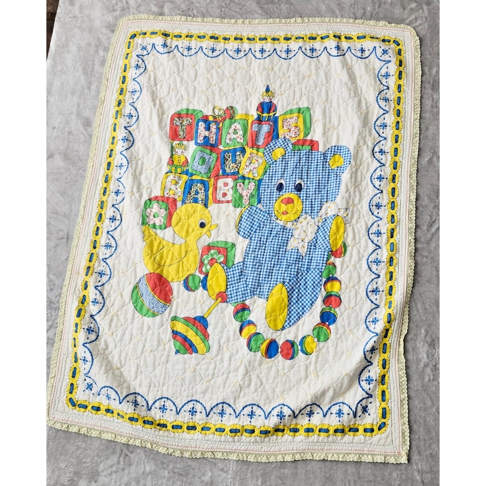 Vintage‎ That's Our Baby Quilted Crib Blanket Bear Blocks 80s 90s Pastel Lace